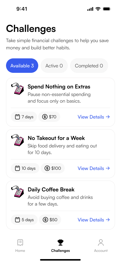Step 3 app screen: challenges view