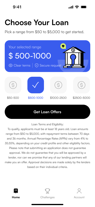 Step 1 app screen: amount range selection